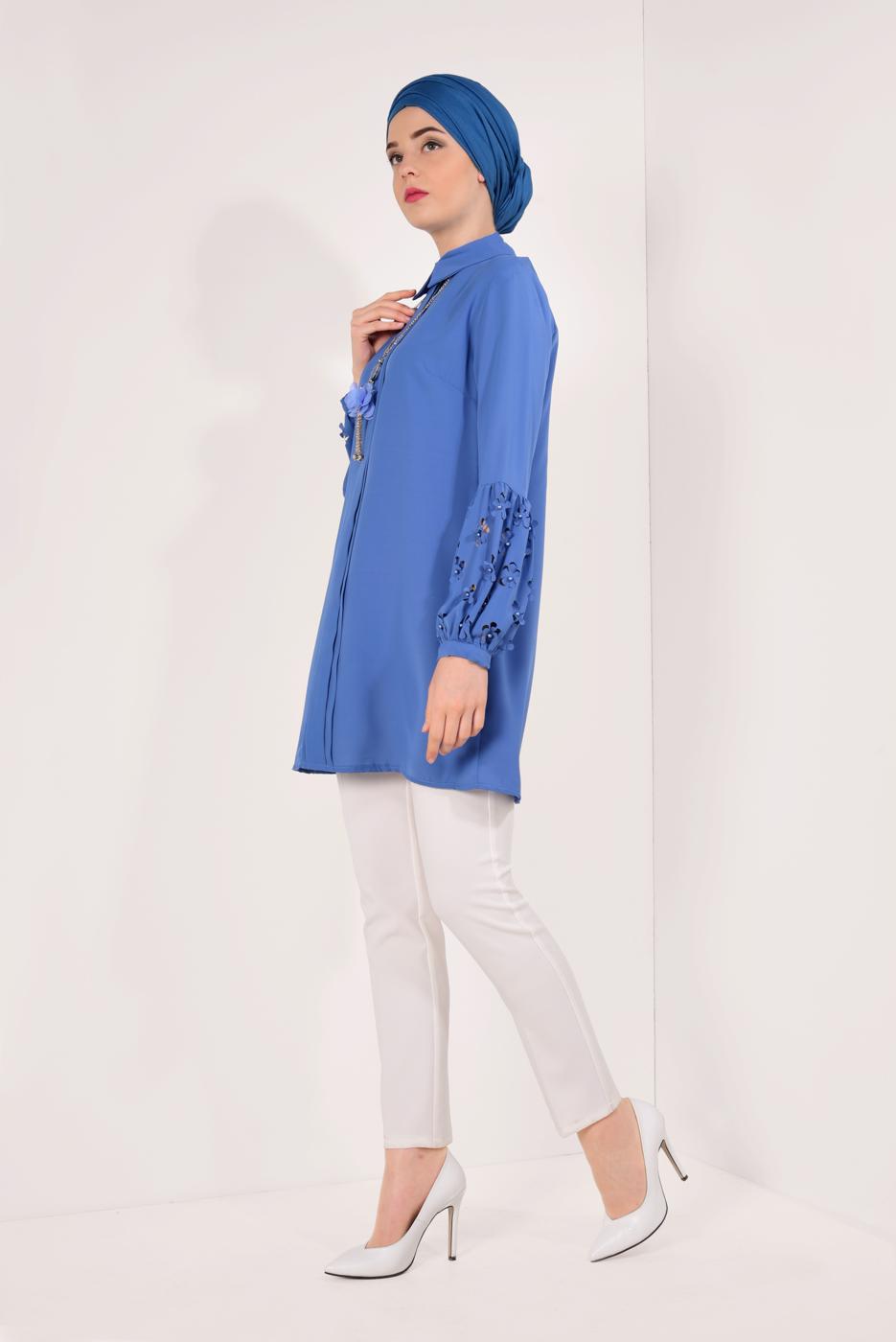 Tesettür giyim LACİVERT BONCUK DETAYLI ŞİFON TUNİK T 15181