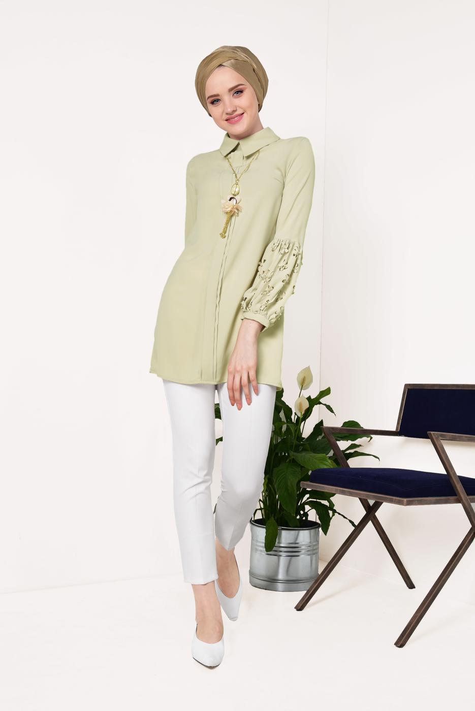 Tesettür giyim BEJ BONCUK DETAYLI ŞİFON TUNİK T 15181