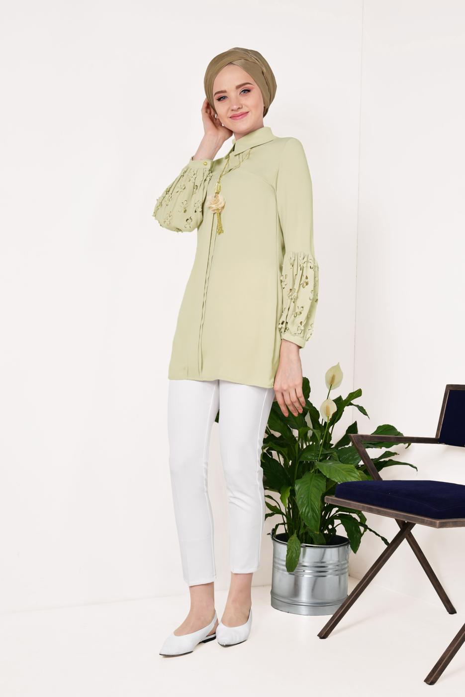 Tesettür giyim BEJ BONCUK DETAYLI ŞİFON TUNİK T 15181