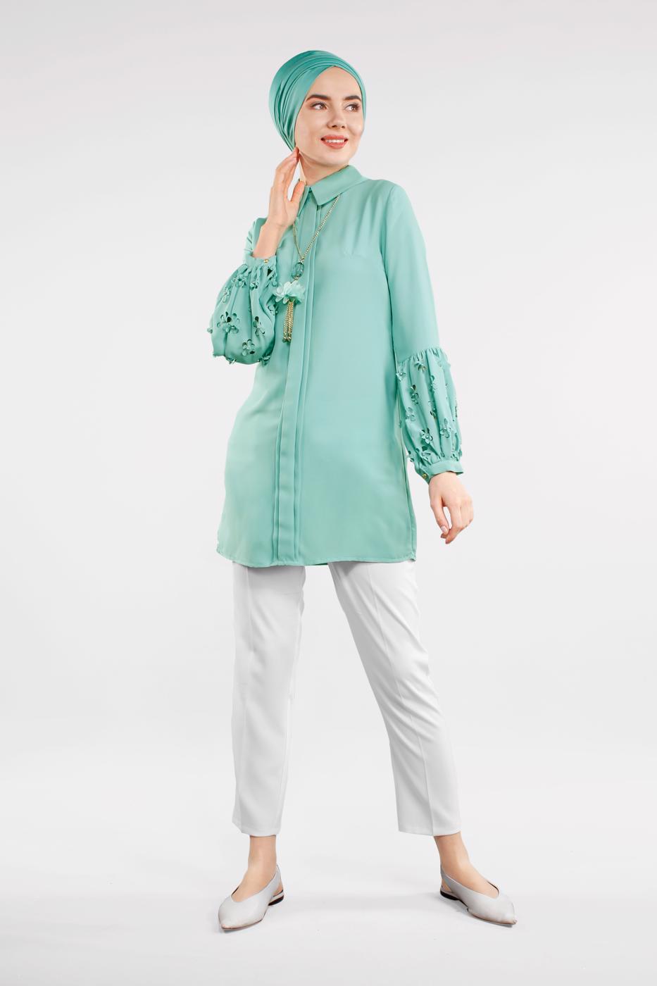 Tesettür giyim YEŞİL BONCUK DETAYLI ŞİFON TUNİK T 15181