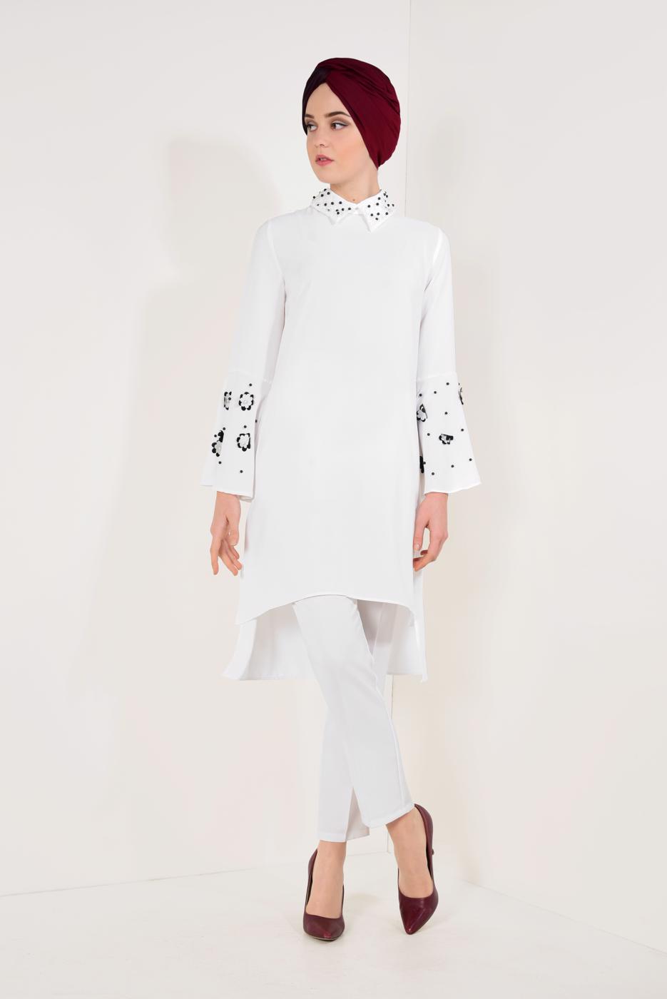 Tesettür giyim EKRU BONCUK DETAYLI GENİŞ KOL TUNİK T 27281