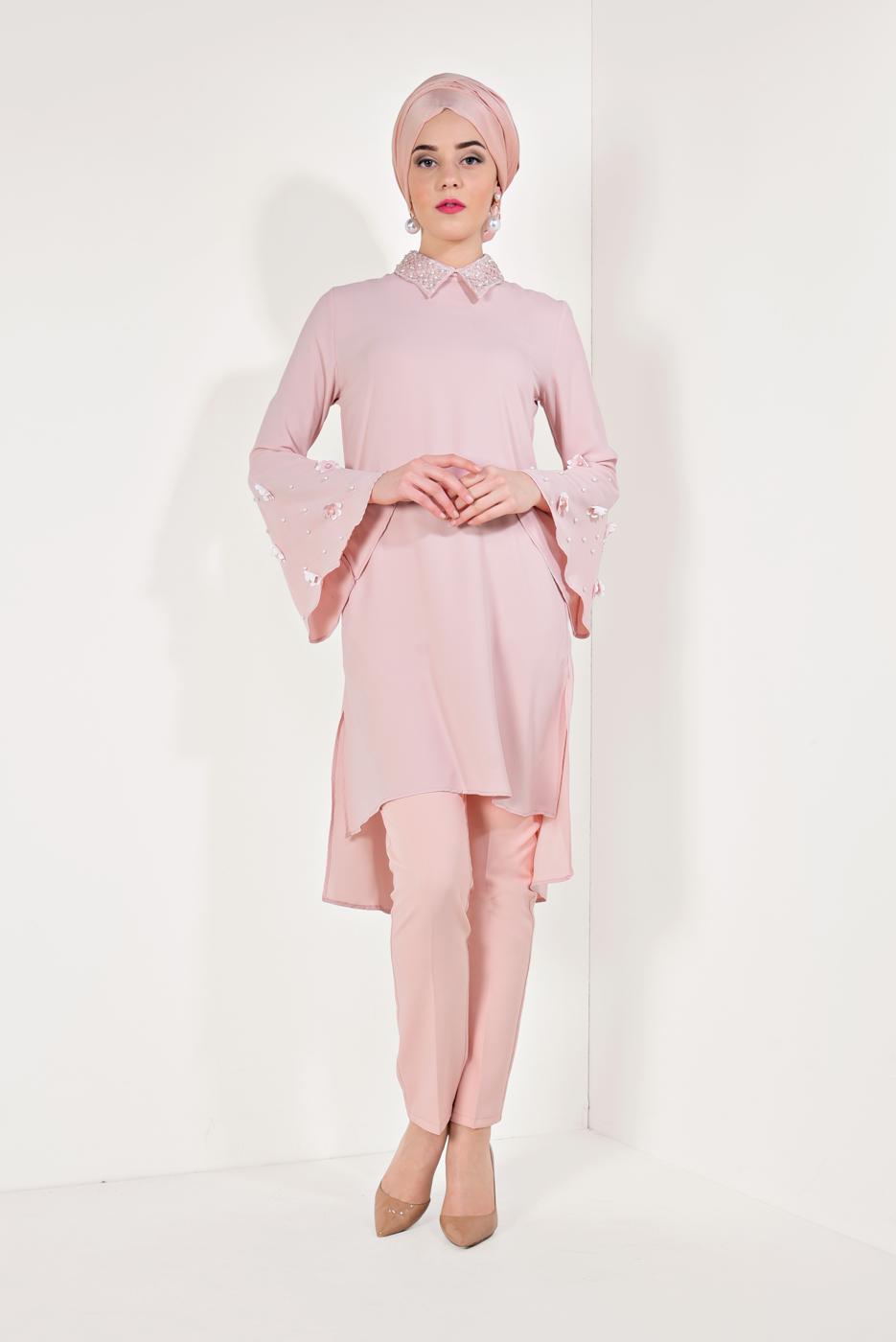 Tesettür giyim PUDRA BONCUK DETAYLI GENİŞ KOL TUNİK T 27281