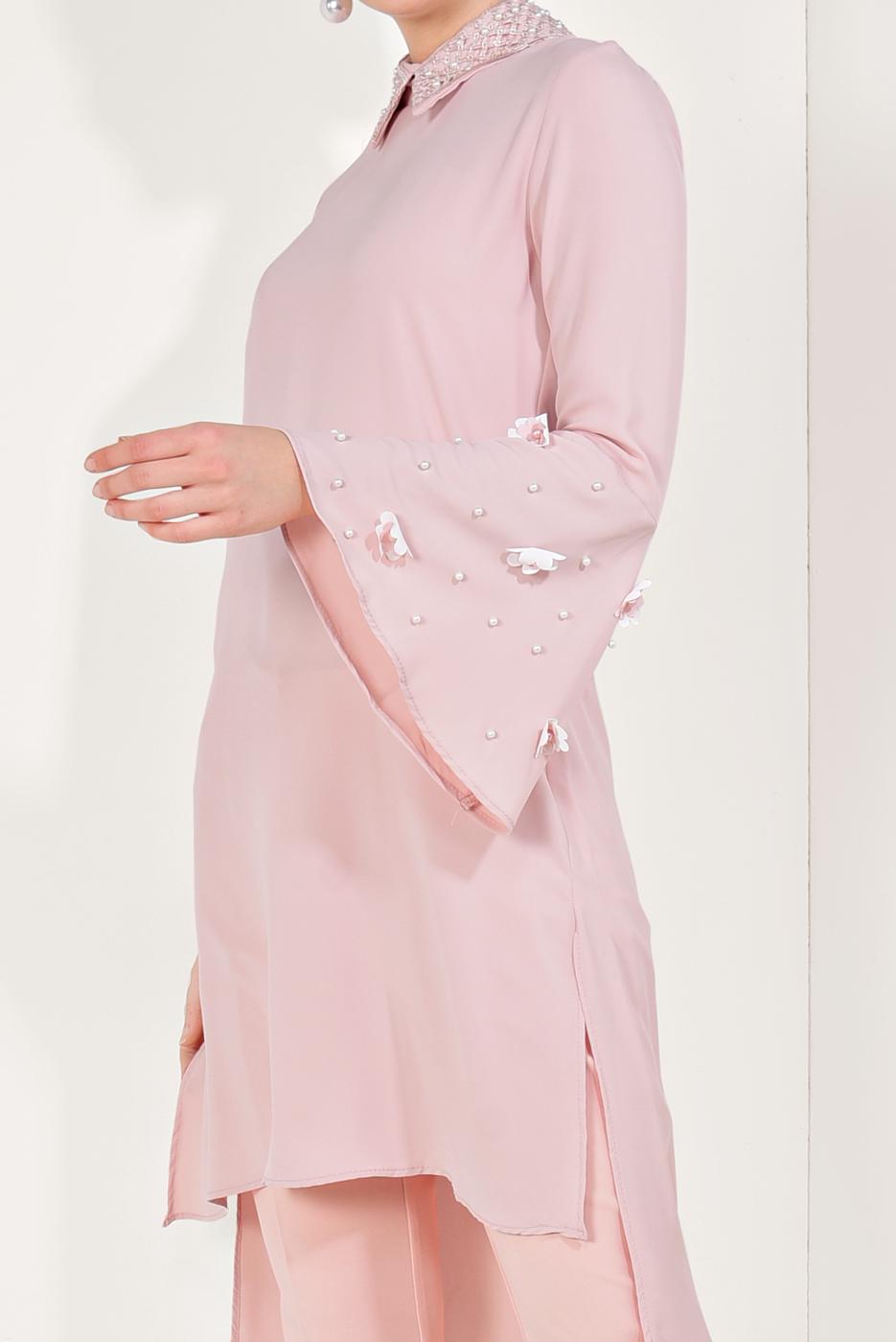 Tesettür giyim PUDRA BONCUK DETAYLI GENİŞ KOL TUNİK T 27281