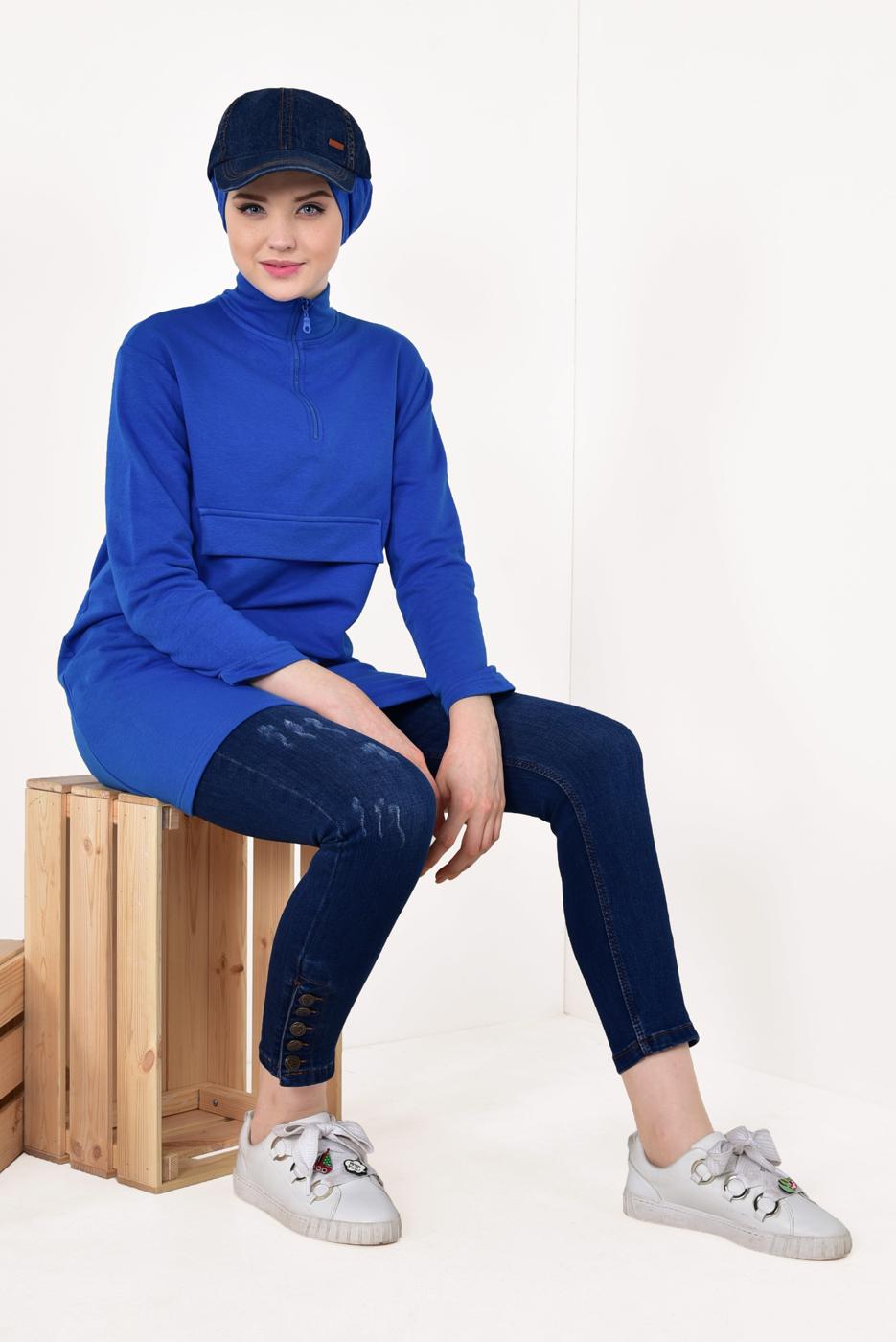 Hijab clothing NAVY BLUE Zipper Detail Sport Tunic T 32042 