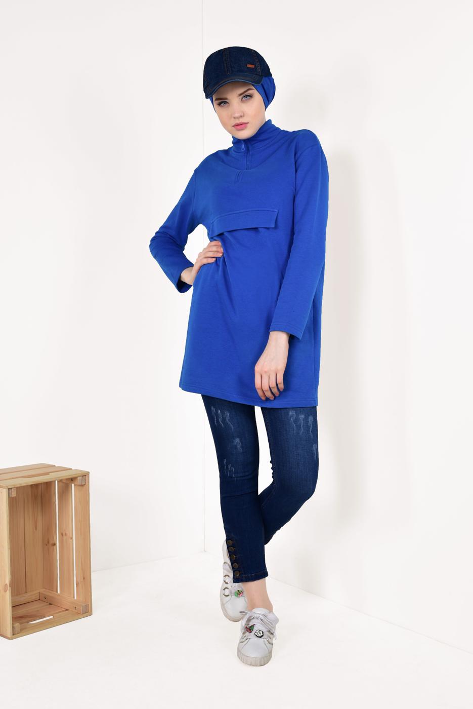 Hijab clothing NAVY BLUE Zipper Detail Sport Tunic T 32042 