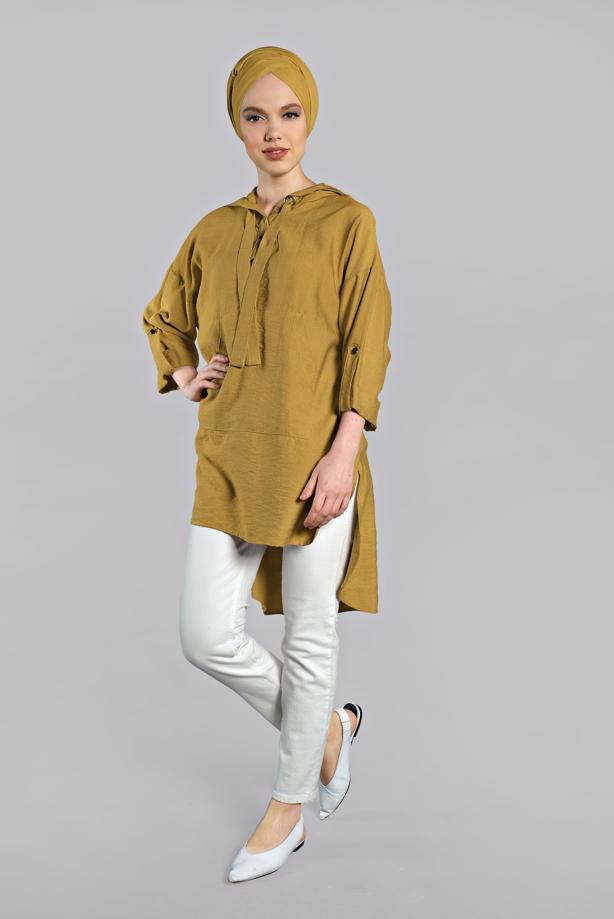 Vêtements hijab  Asymmetric Cut Pocket Detail Hooded Tunic T 36002  - TRENDTESETTÜR