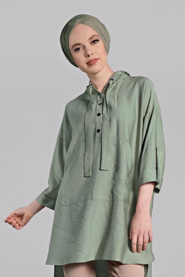 Vêtements hijab  Asymmetric Cut Pocket Detail Hooded Tunic T 36002  - TRENDTESETTÜR