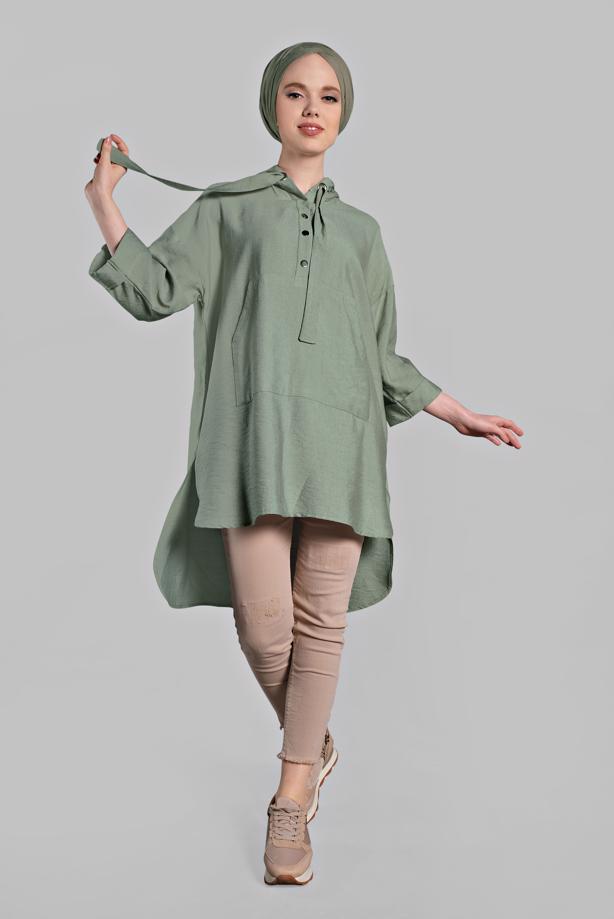 Vêtements hijab  Asymmetric Cut Pocket Detail Hooded Tunic T 36002  - TRENDTESETTÜR