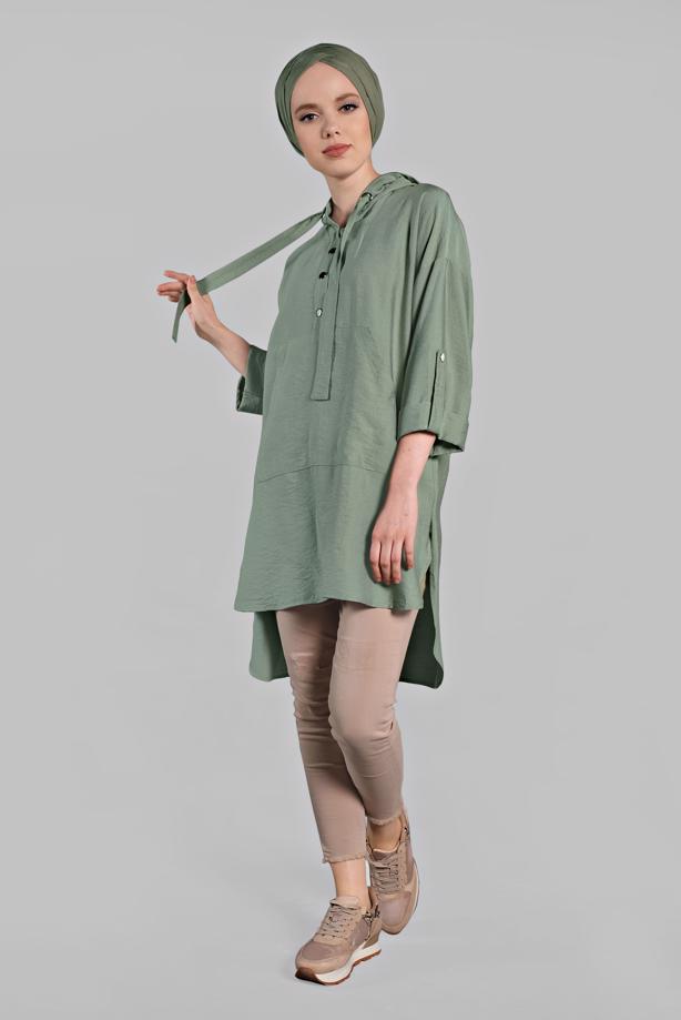 Vêtements hijab  Asymmetric Cut Pocket Detail Hooded Tunic T 36002  - TRENDTESETTÜR