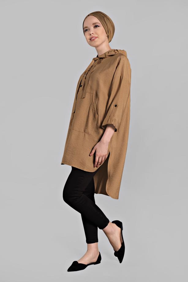 Vêtements hijab  Asymmetric Cut Pocket Detail Hooded Tunic T 36002  - TRENDTESETTÜR