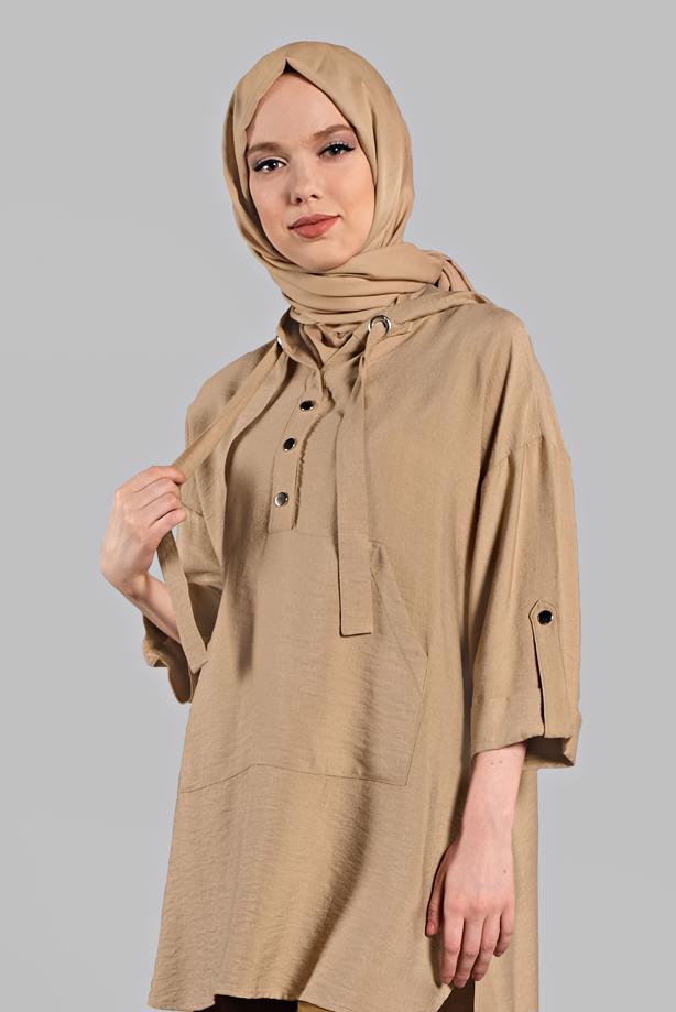 Vêtements hijab  Asymmetric Cut Pocket Detail Hooded Tunic T 36002  - TRENDTESETTÜR