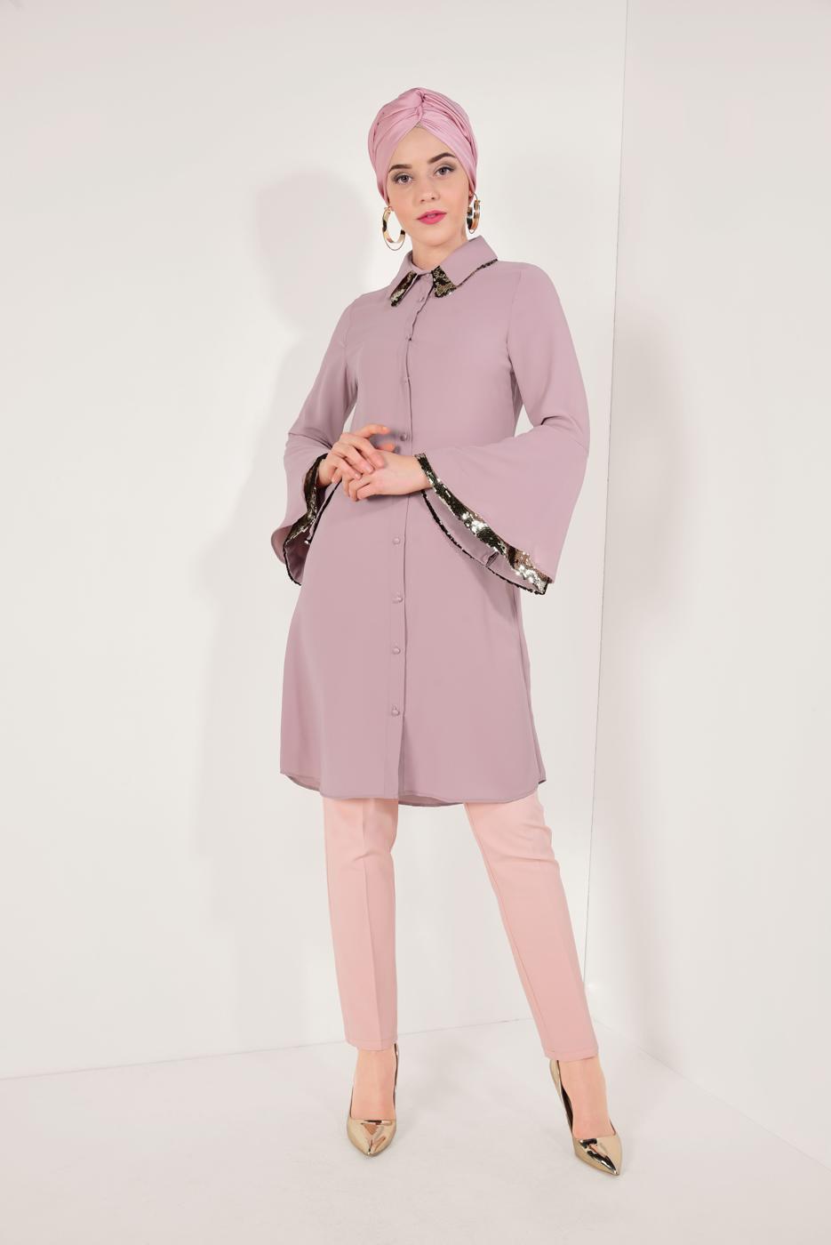 Tesettür giyim PEMBE PUL PAYETLİ GENİŞ KOL TUNİK T 36281