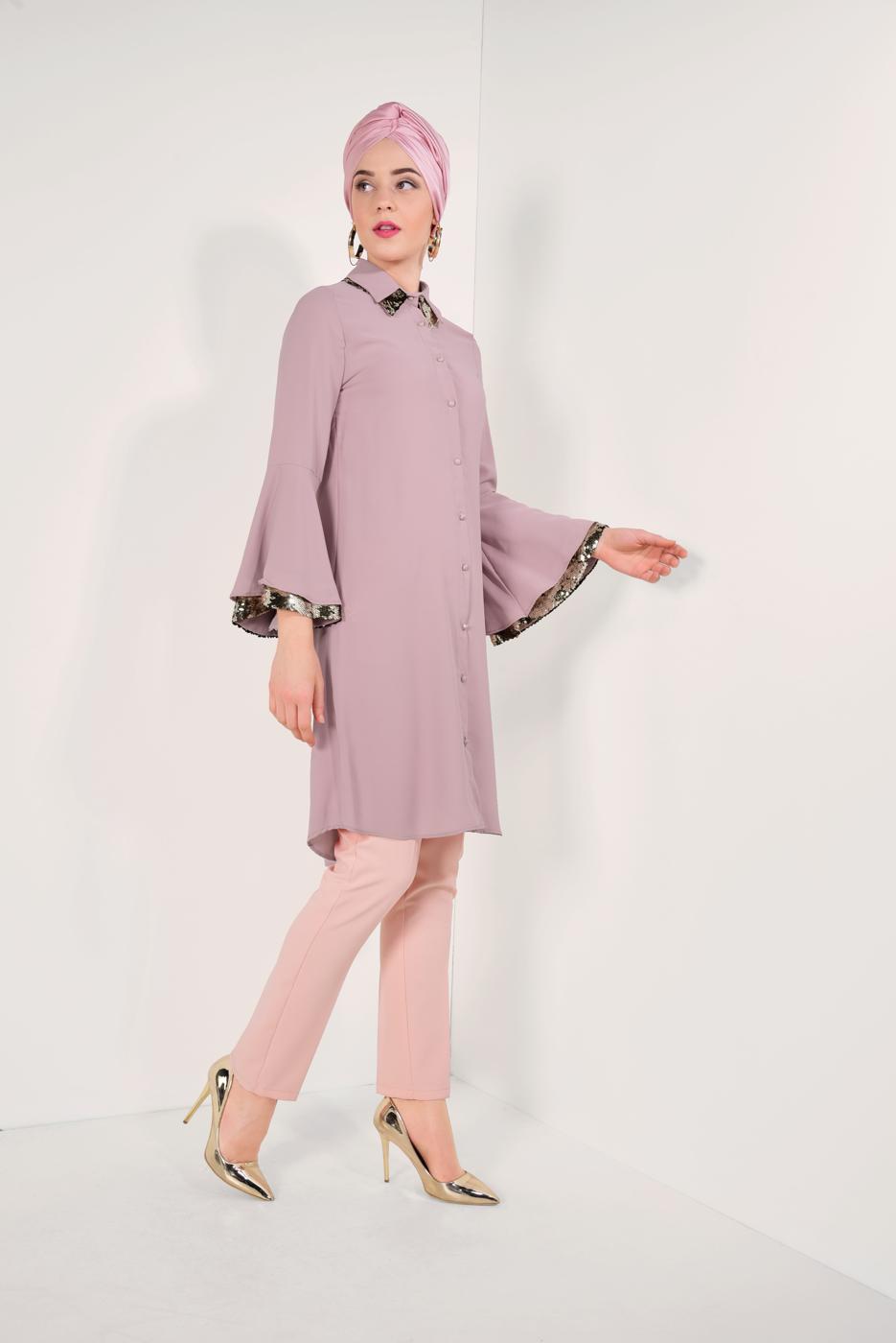 Tesettür giyim PEMBE PUL PAYETLİ GENİŞ KOL TUNİK T 36281