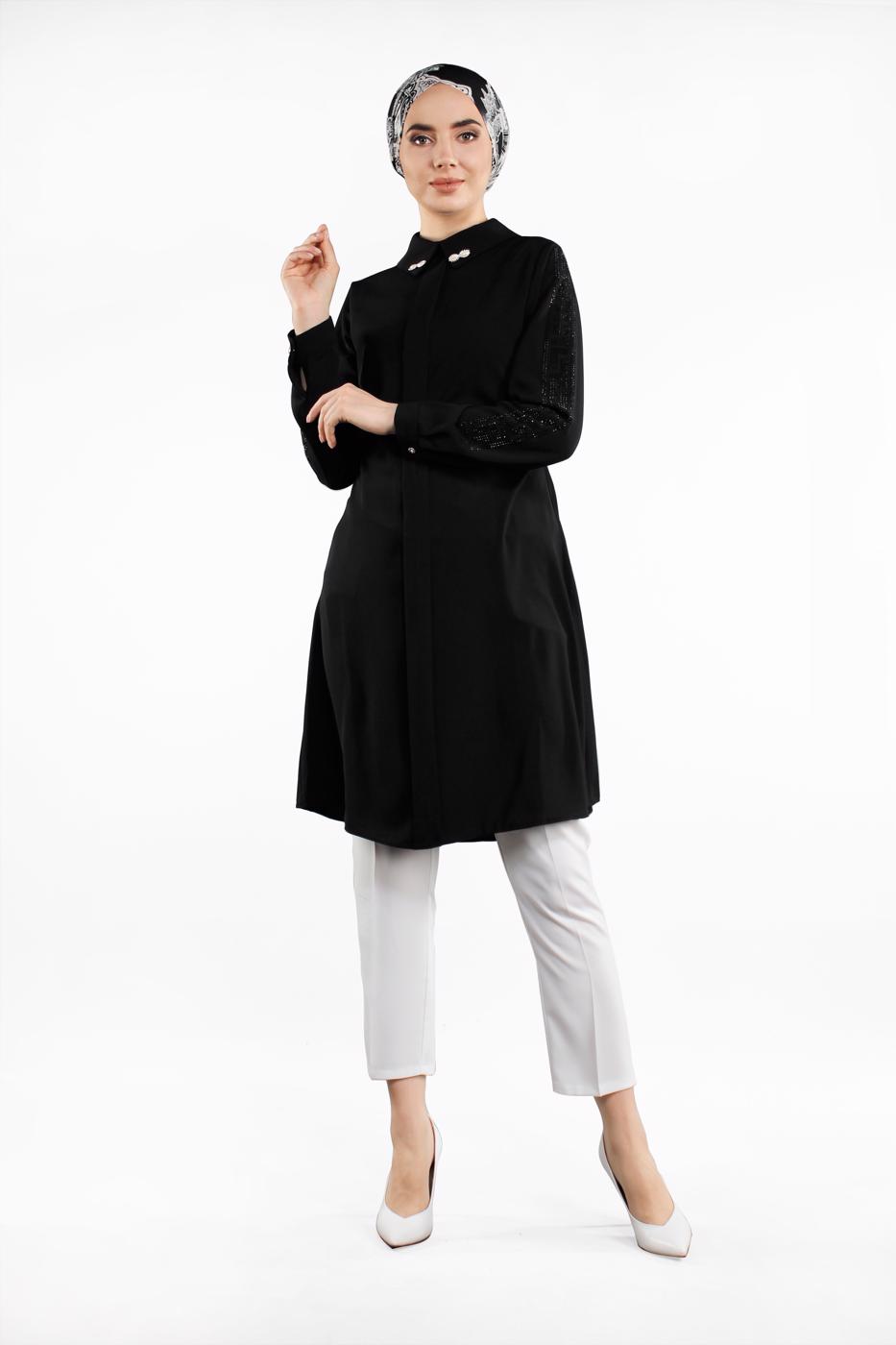 Tesettür giyim SİYAH KOLLARI TAŞLI TUNİK 48791