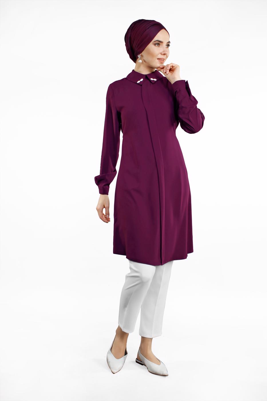 Tesettür giyim MOR KOLLARI TAŞLI TUNİK 48791