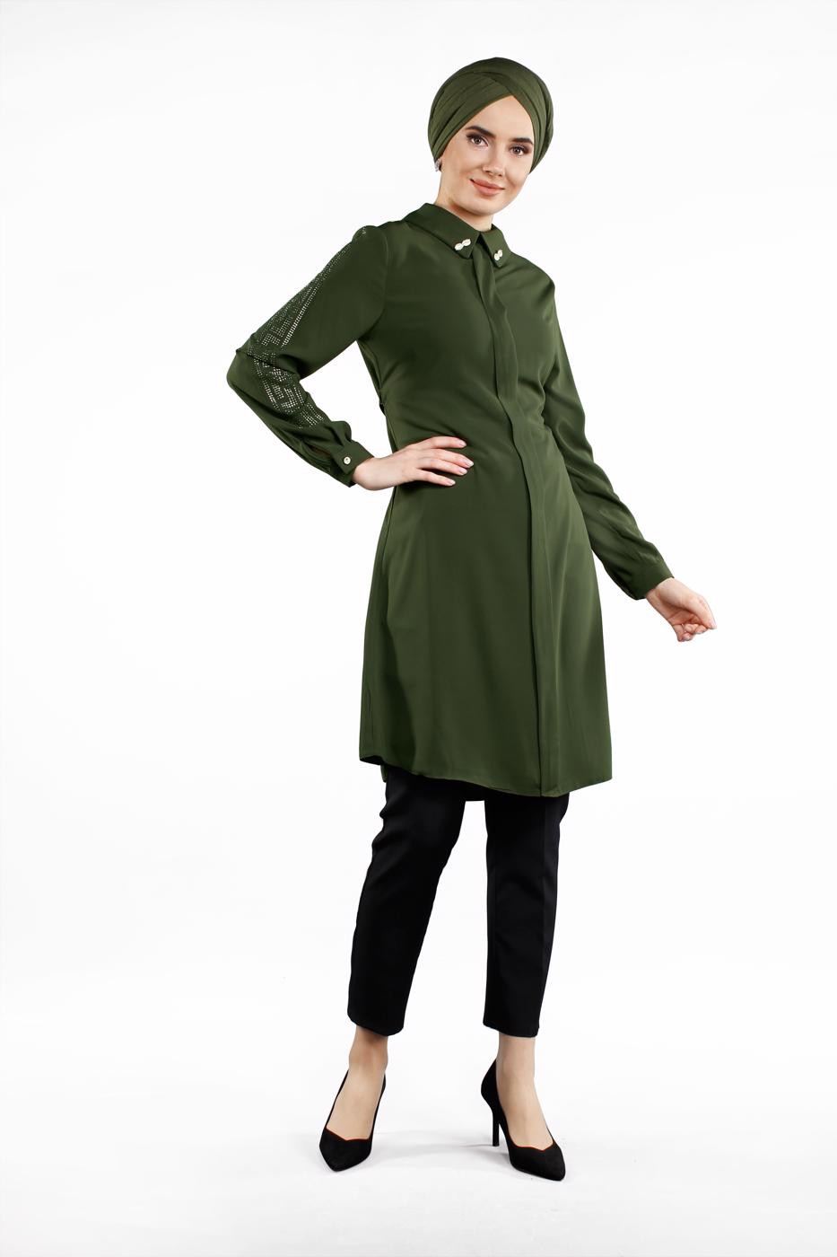 Tesettür giyim HAKİ KOLLARI TAŞLI TUNİK 48791