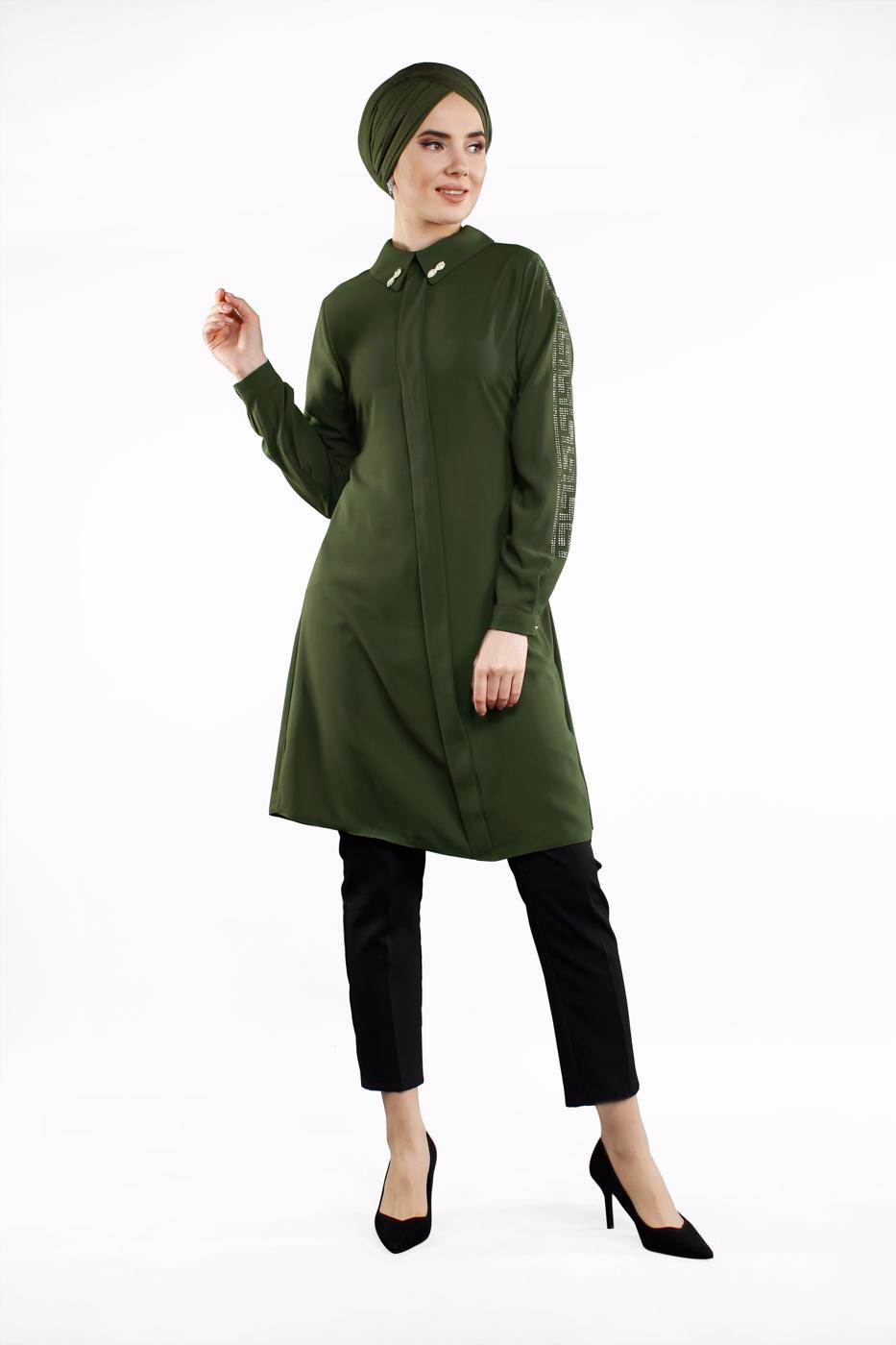 Tesettür giyim HAKİ KOLLARI TAŞLI TUNİK 48791