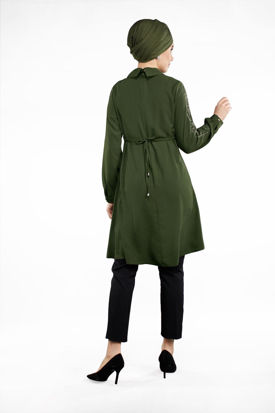 Tesettür giyim HAKİ KOLLARI TAŞLI TUNİK 48791