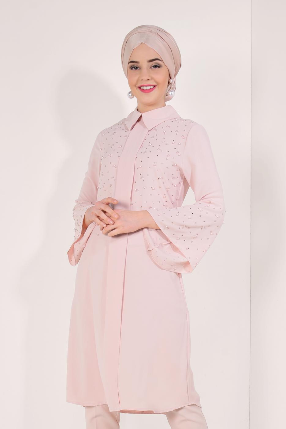Tesettür giyim PUDRA BONCUKLU GENİŞ KOL TUNİK T 52381