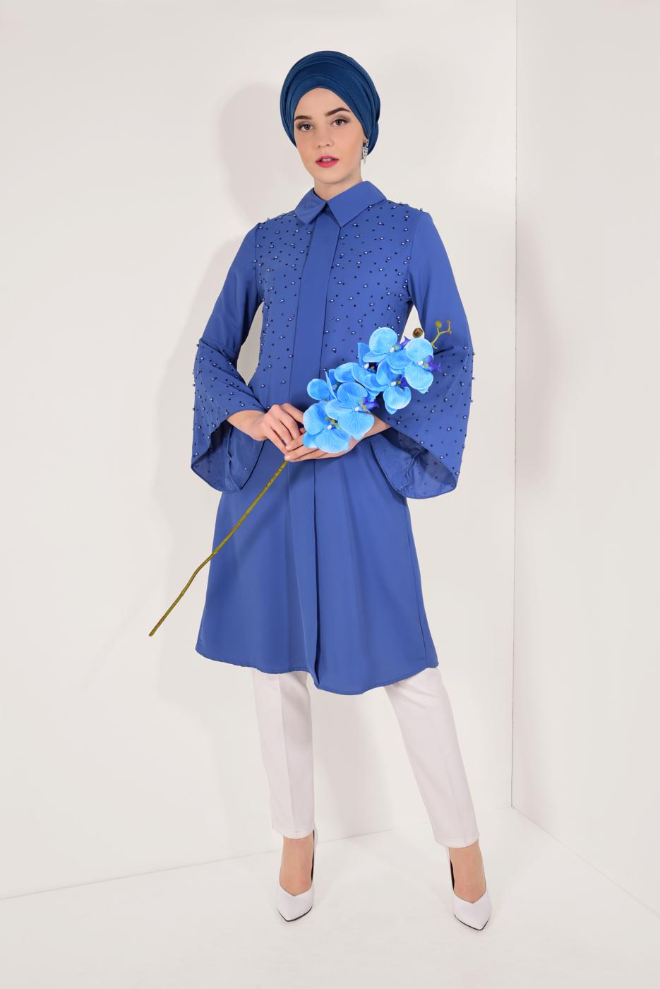 Tesettür giyim LACİVERT BONCUKLU GENİŞ KOL TUNİK T 52381