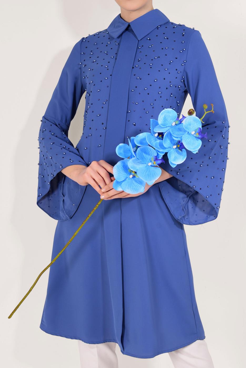 Tesettür giyim LACİVERT BONCUKLU GENİŞ KOL TUNİK T 52381