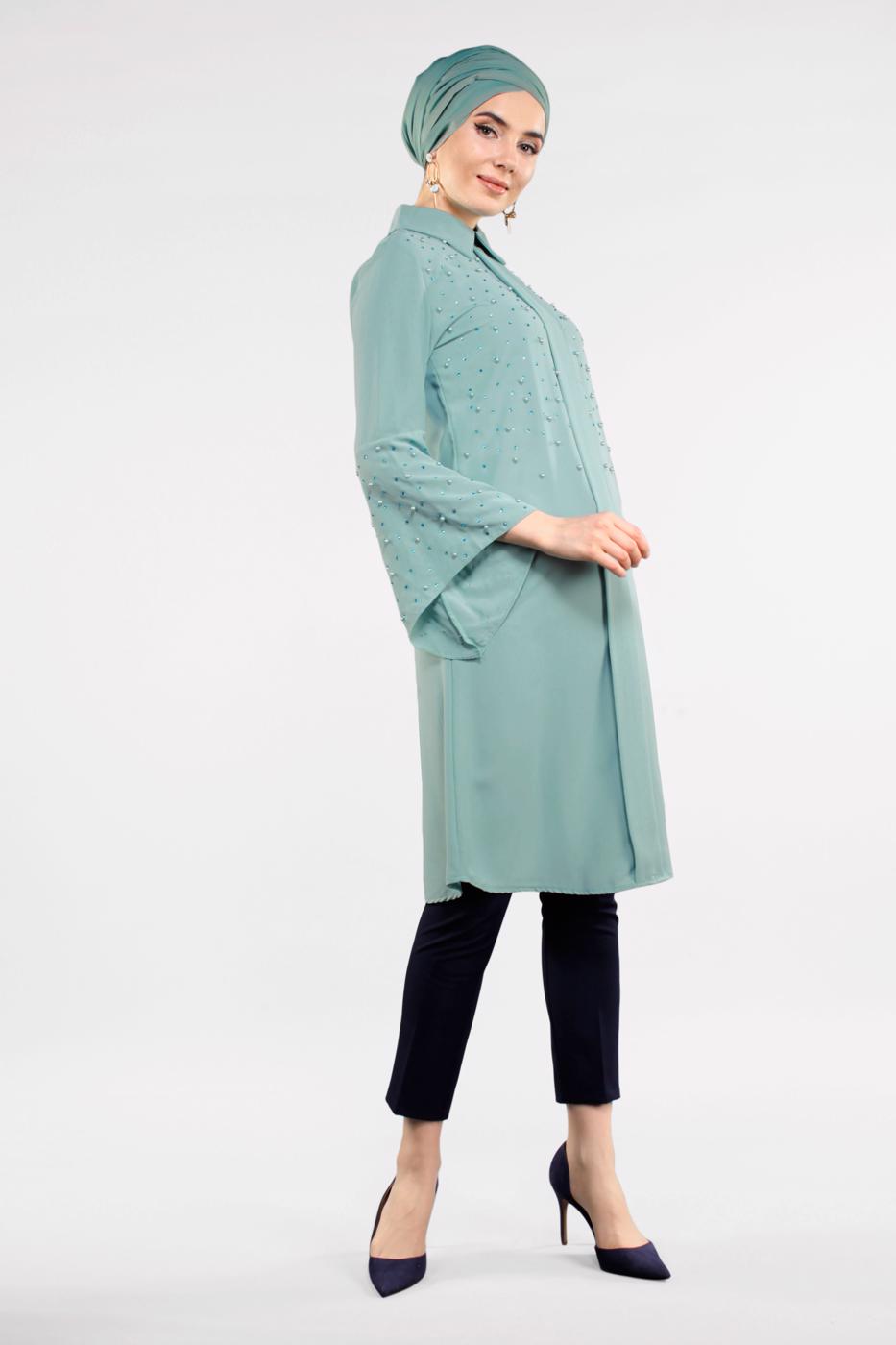 Tesettür giyim YEŞİL BONCUKLU GENİŞ KOL TUNİK T 52381