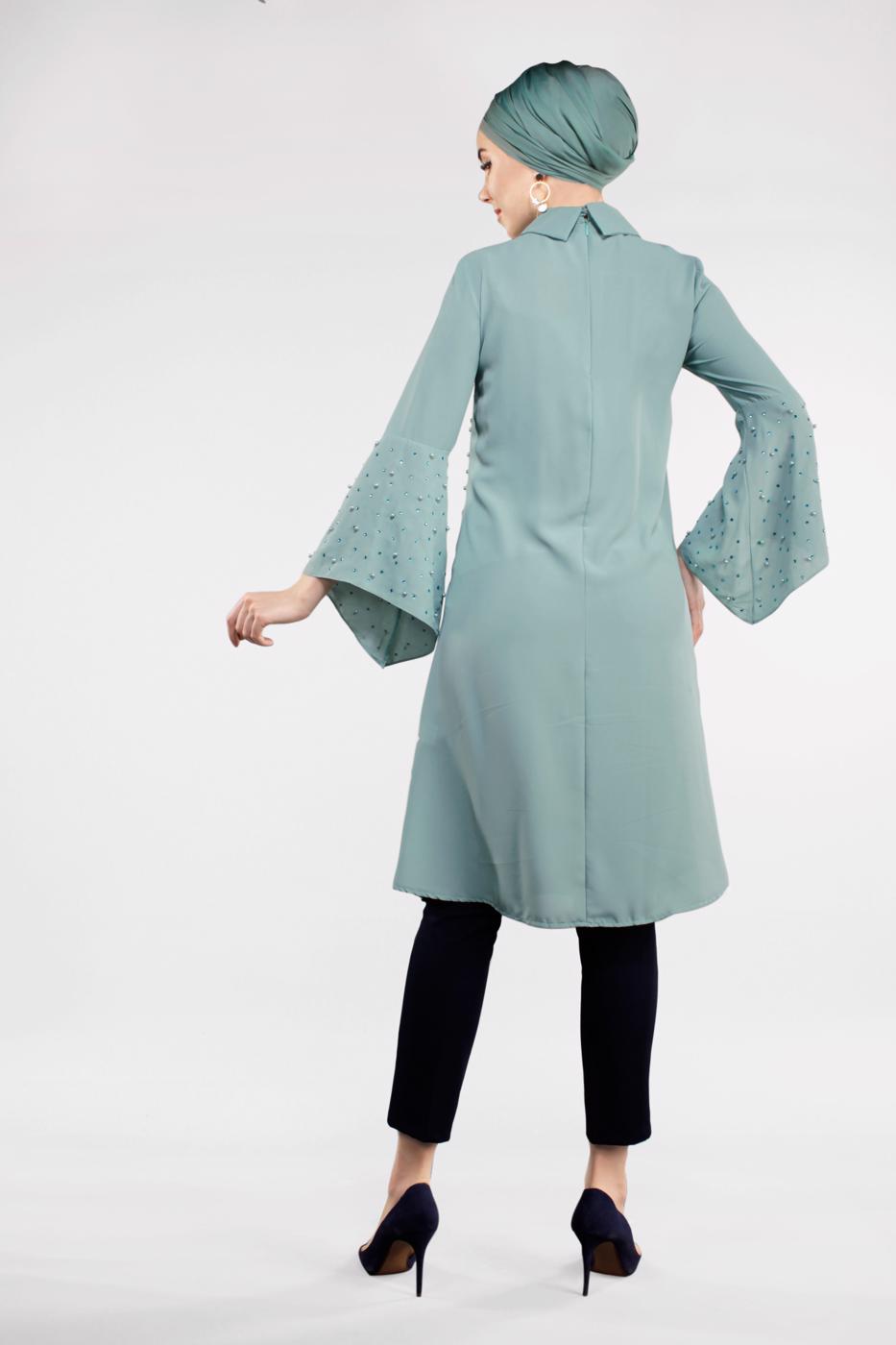 Tesettür giyim YEŞİL BONCUKLU GENİŞ KOL TUNİK T 52381