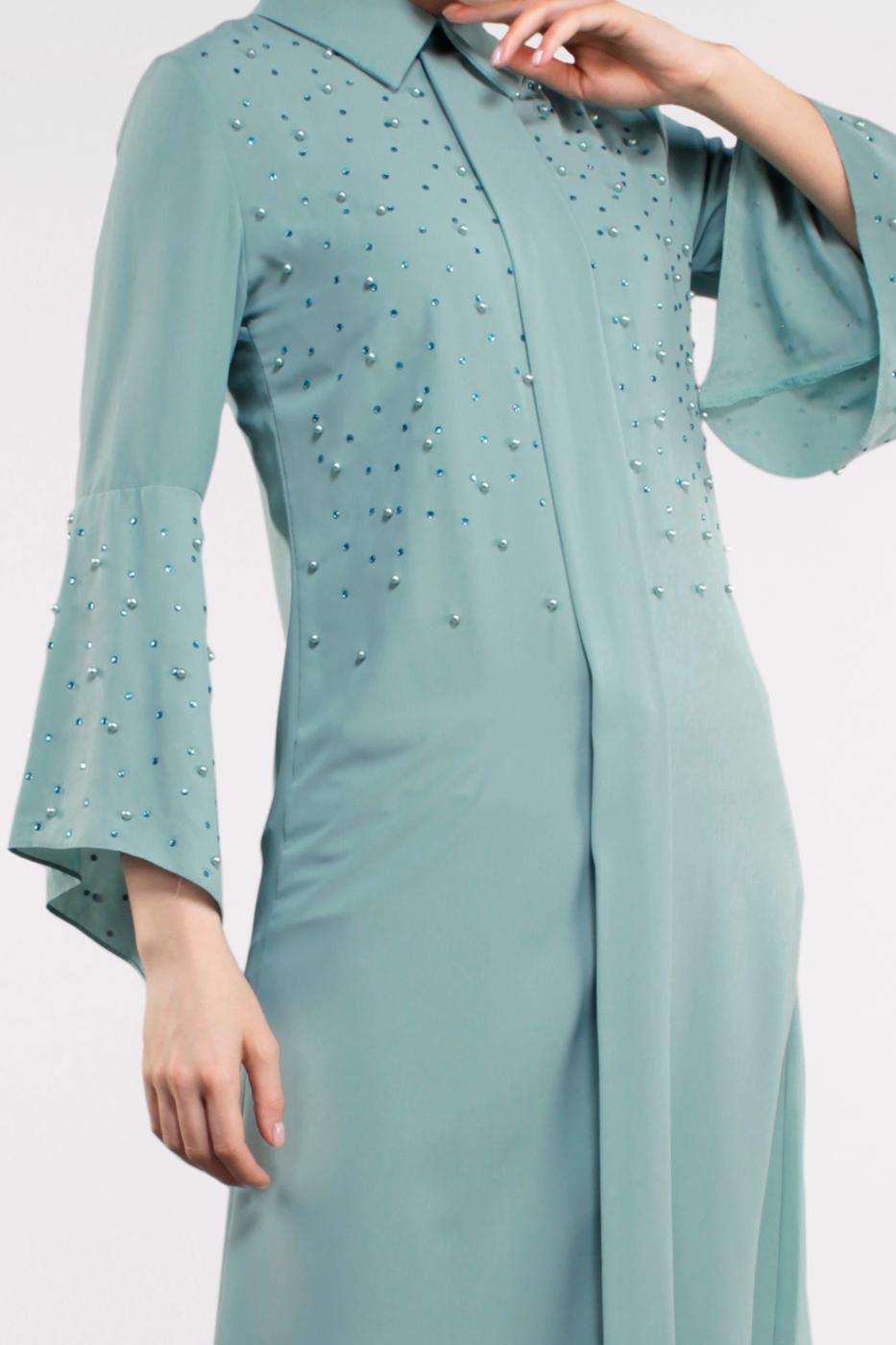 Tesettür giyim YEŞİL BONCUKLU GENİŞ KOL TUNİK T 52381