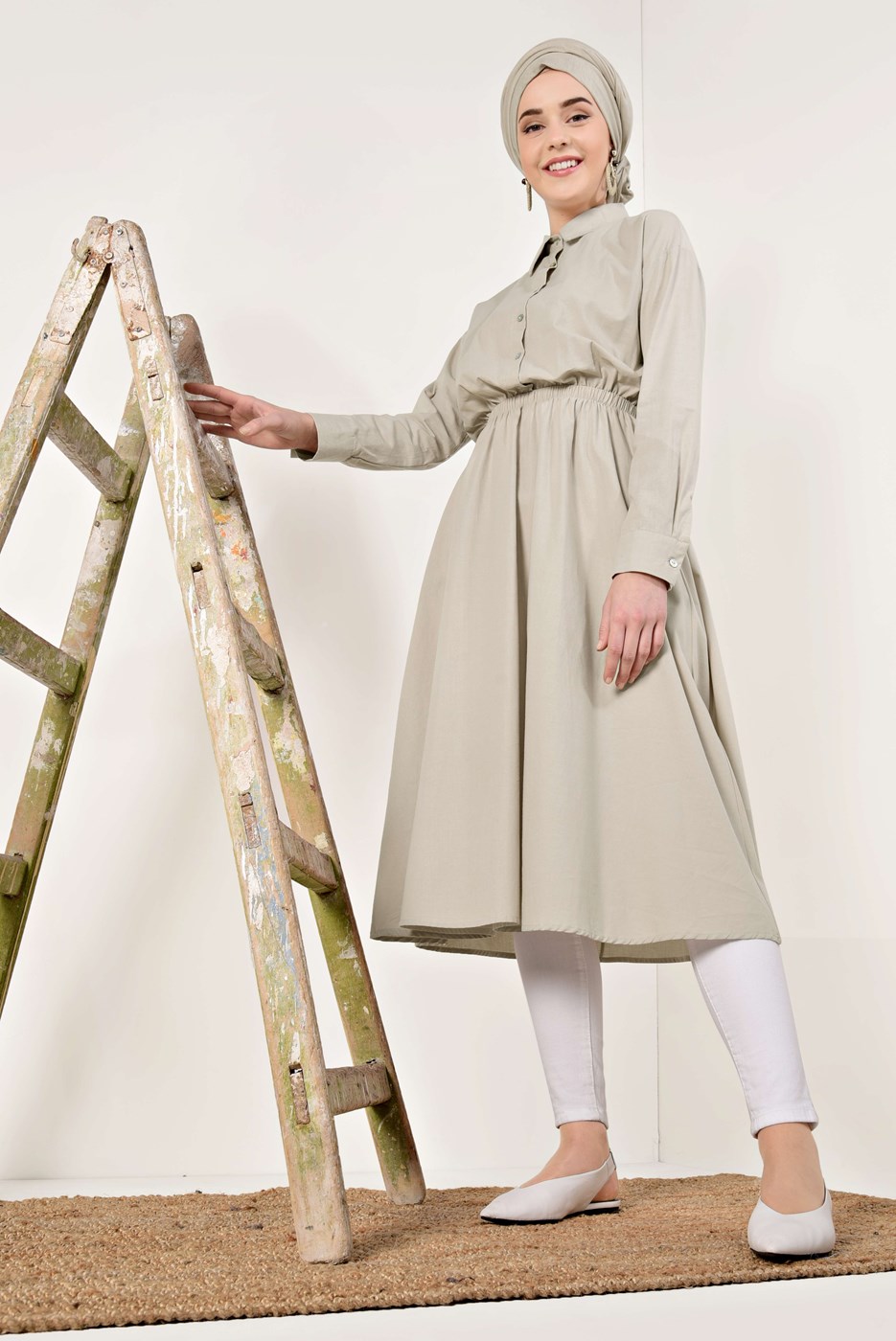 Hijab clothing BEIGE SHIRRED WAIST TUNIC 60003