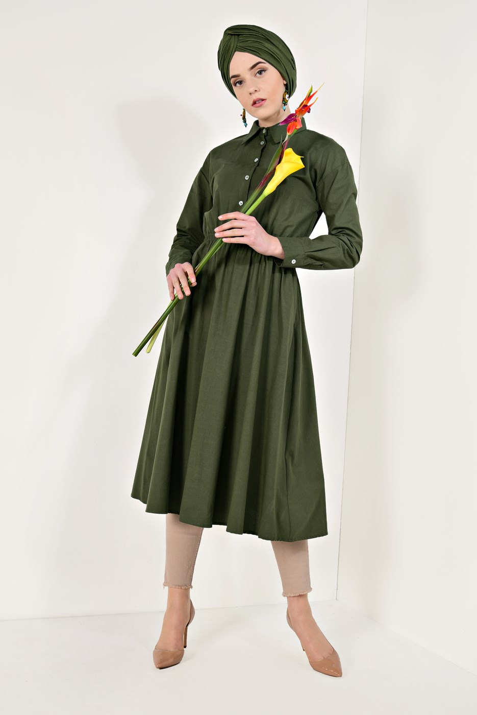 Hijab clothing KHAKI SHIRRED WAIST TUNIC 60003
