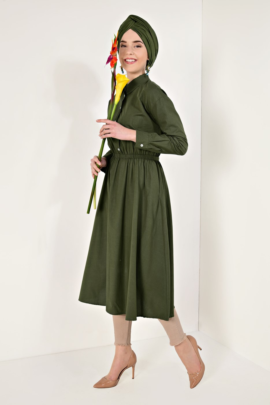 Hijab clothing KHAKI SHIRRED WAIST TUNIC 60003