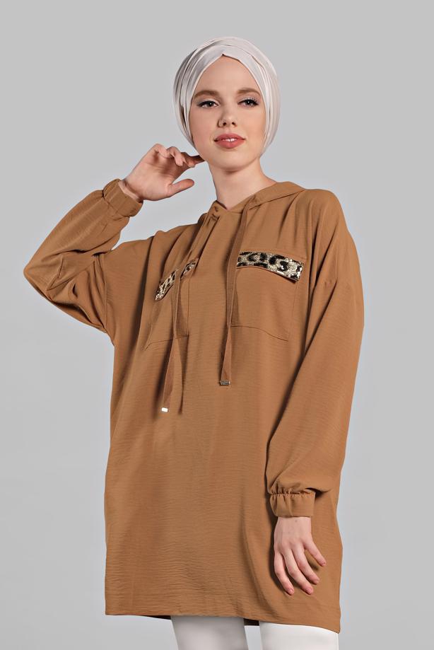 Vêtements hijab  Leopard Detail Hooded Tunic T 60191 - TRENDTESETTÜR
