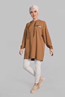 Tesettür giyim TABA LEOPAR DESENLİ KAPÜŞONLU TUNİK  60191 
