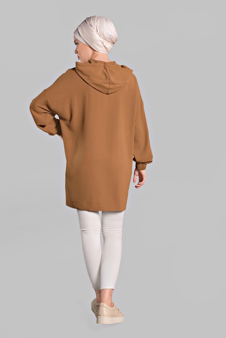 Tesettür giyim TABA LEOPAR DESENLİ KAPÜŞONLU TUNİK  60191 