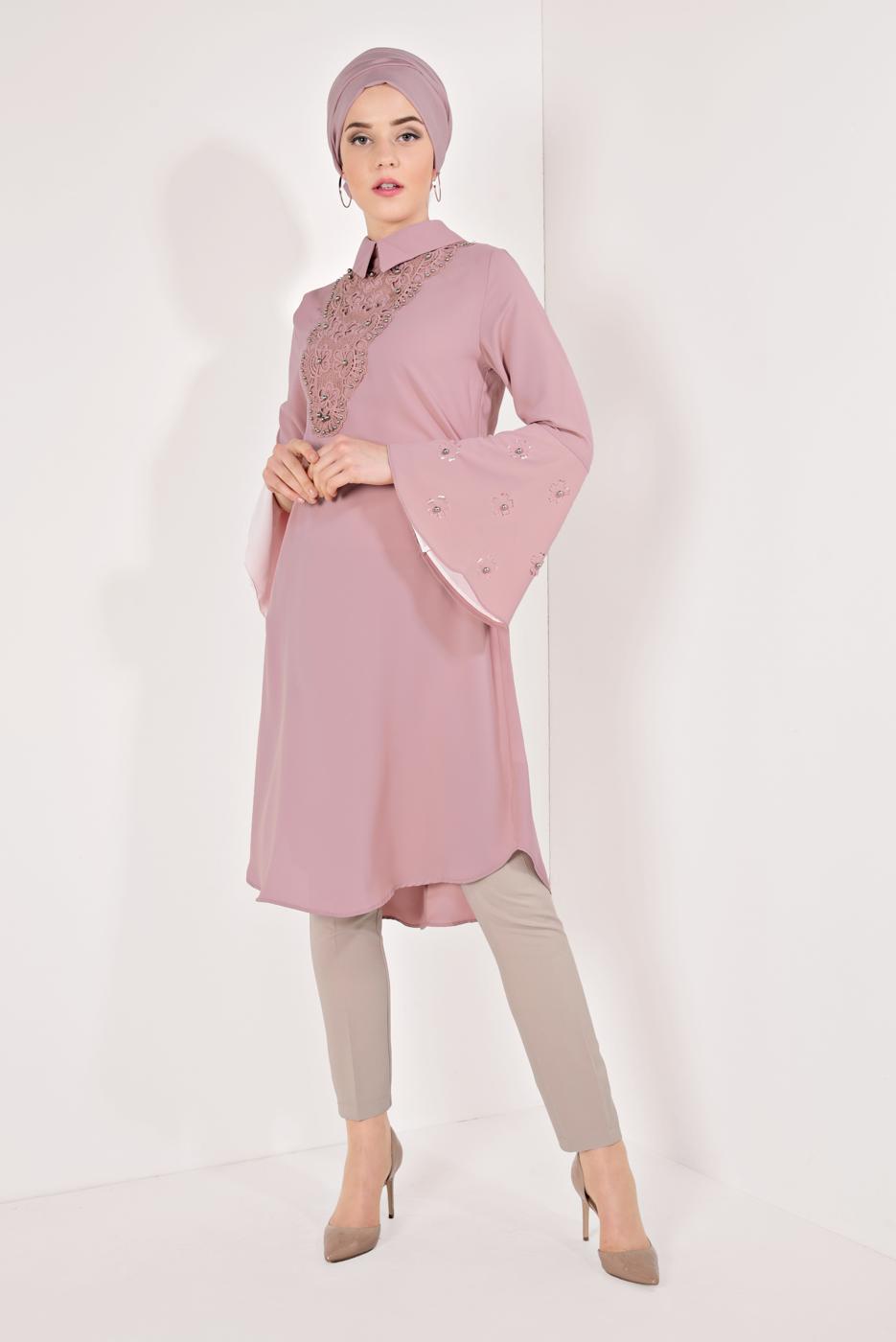 Tesettür giyim PEMBE KOLLARI VOLANLI İŞLEMELİ TUNİK T 71381