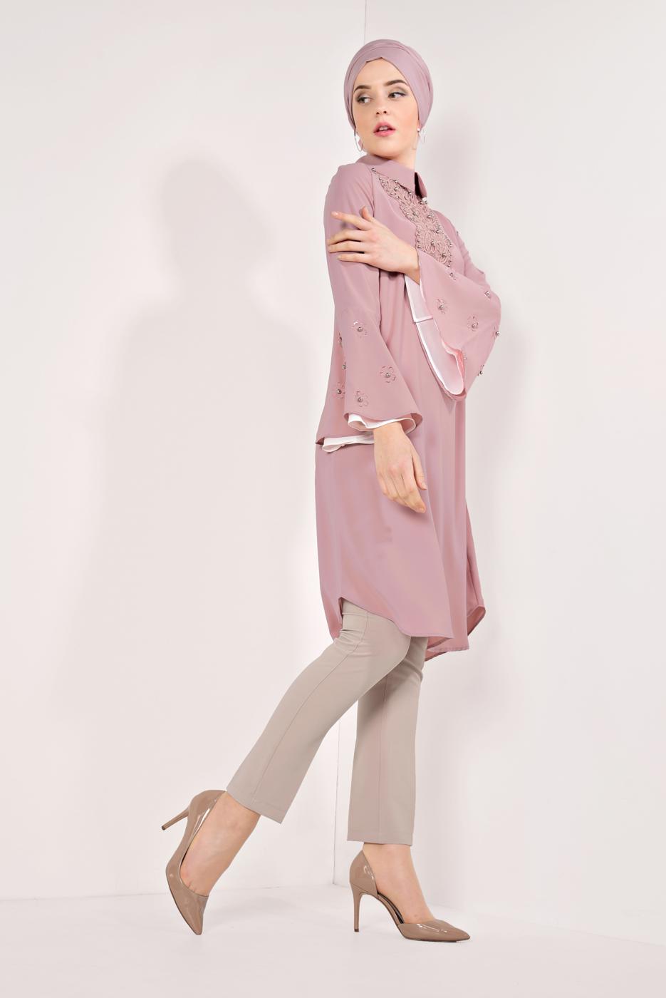 Tesettür giyim PEMBE KOLLARI VOLANLI İŞLEMELİ TUNİK T 71381