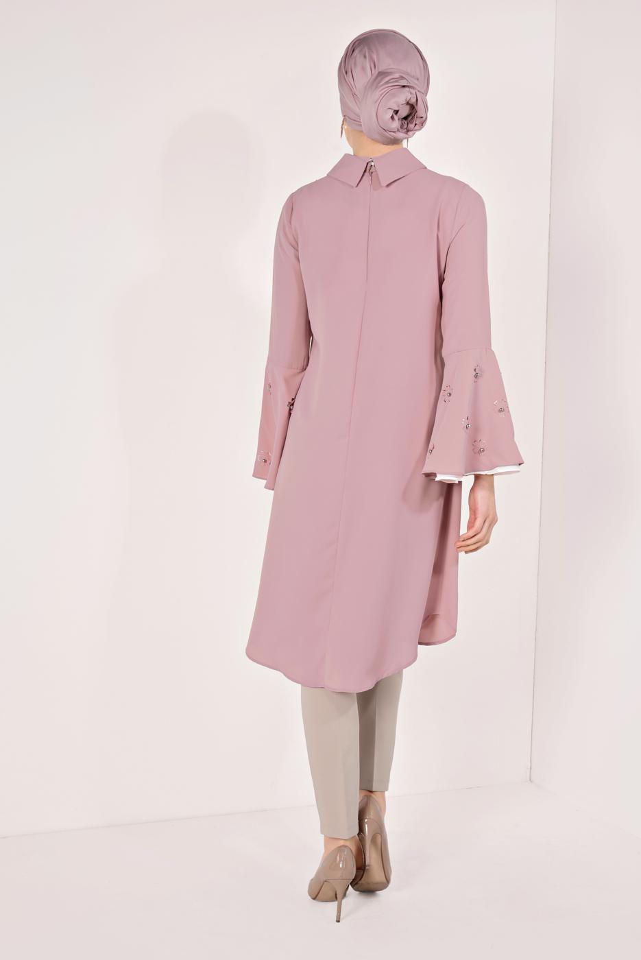 Tesettür giyim PEMBE KOLLARI VOLANLI İŞLEMELİ TUNİK T 71381
