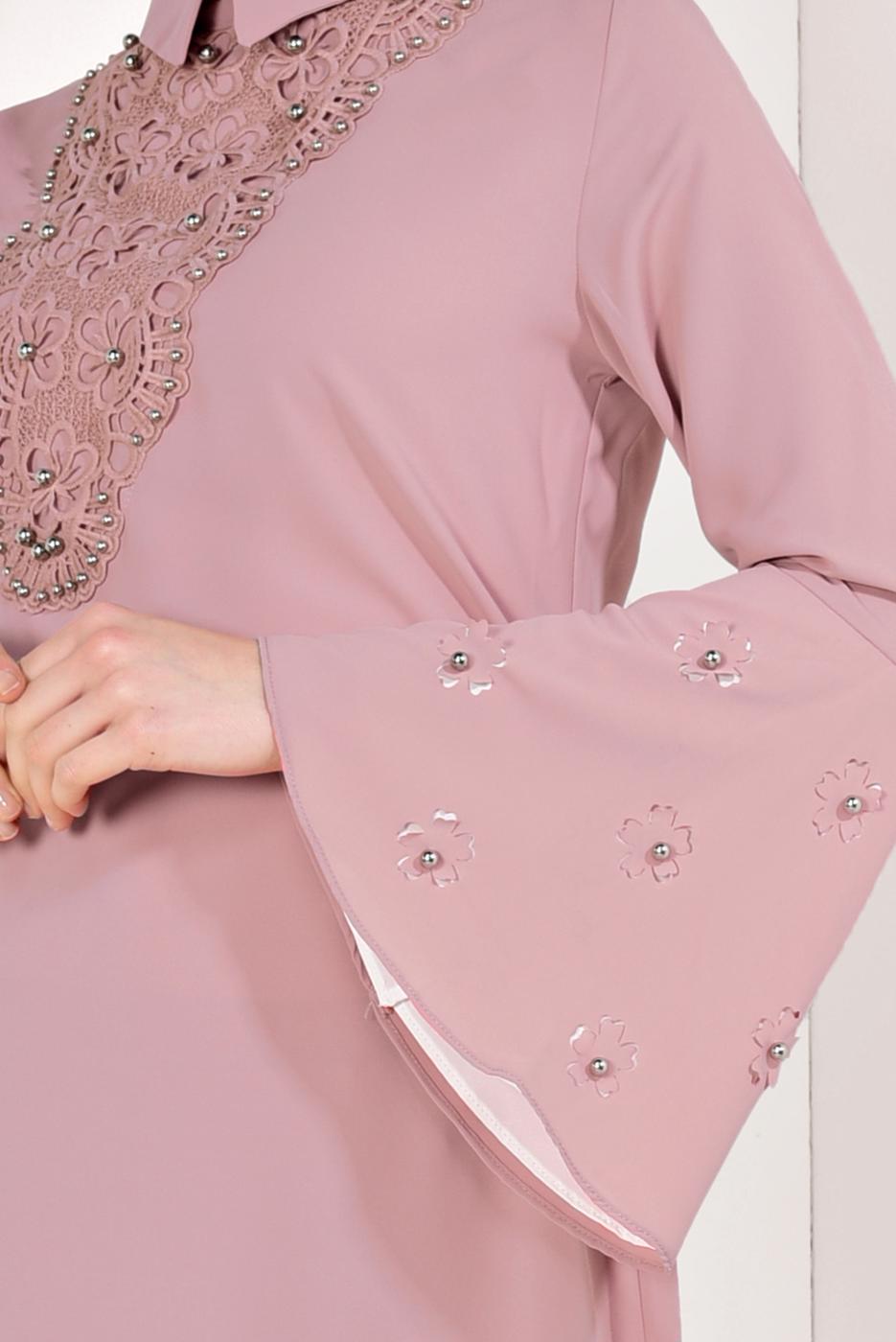 Tesettür giyim PEMBE KOLLARI VOLANLI İŞLEMELİ TUNİK T 71381