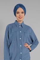 Hijab clothing NAVY BLUE Striped Button Tunic T 79202