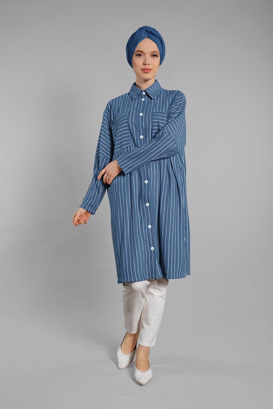 Hijab clothing NAVY BLUE Striped Button Tunic T 79202
