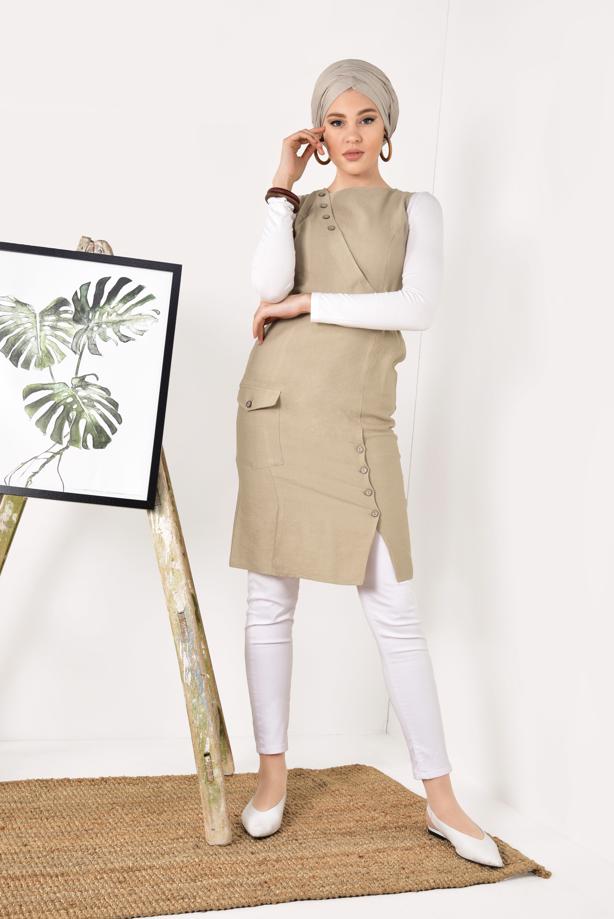 Vêtements hijab  Button Detail Belted Tunic T 83891 - TRENDTESETTÜR