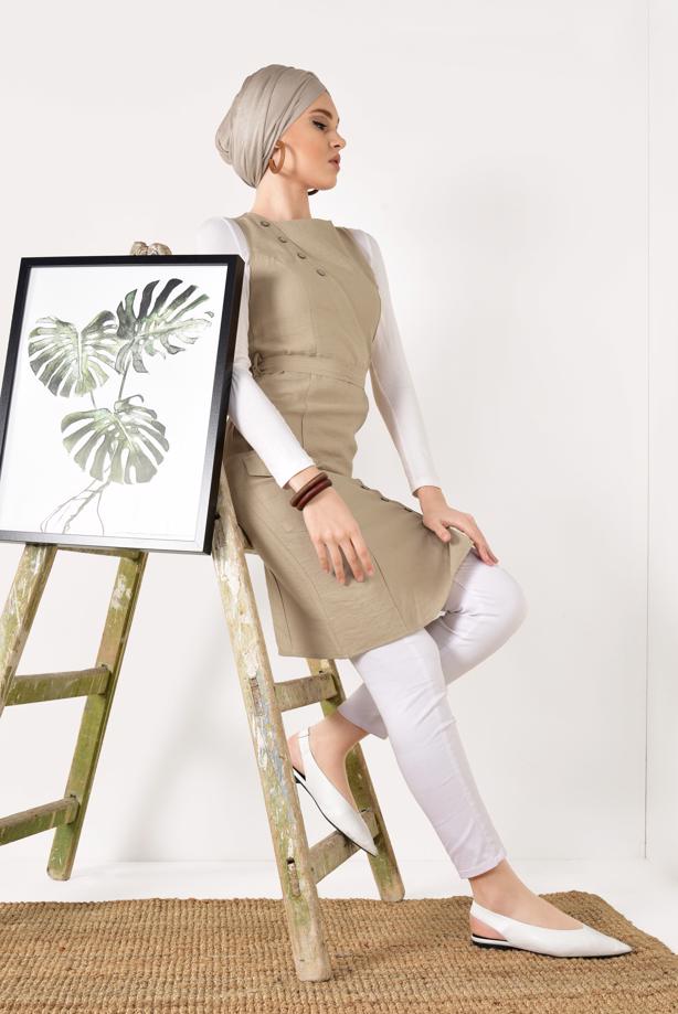 Vêtements hijab  Button Detail Belted Tunic T 83891 - TRENDTESETTÜR