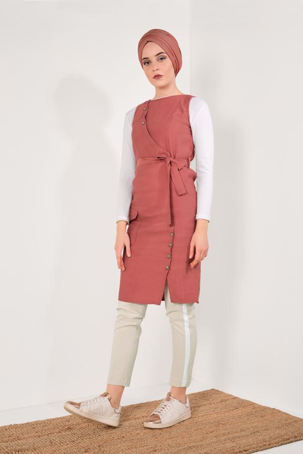Vêtements hijab  Button Detail Belted Tunic T 83891 - TRENDTESETTÜR
