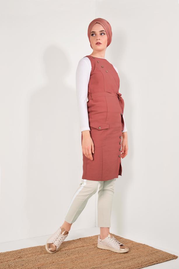 Vêtements hijab  Button Detail Belted Tunic T 83891 - TRENDTESETTÜR