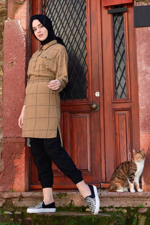Vêtements hijab  Checked Tie Waist Tunic T 91991  - TRENDTESETTÜR