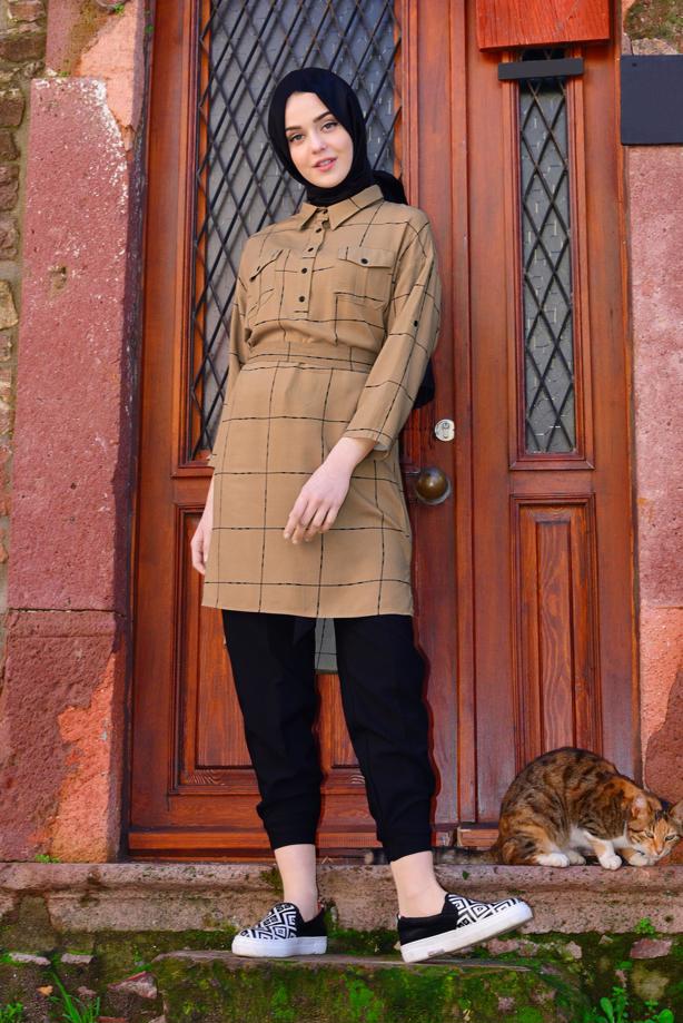 Vêtements hijab  Checked Tie Waist Tunic T 91991  - TRENDTESETTÜR