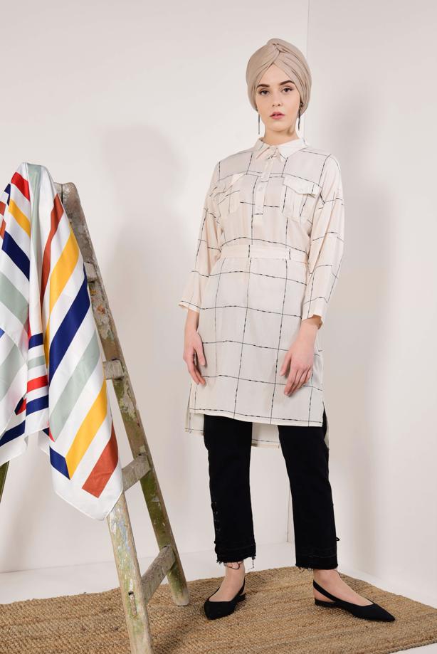 Vêtements hijab  Checked Tie Waist Tunic T 91991  - TRENDTESETTÜR