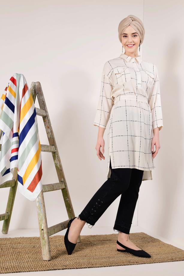 Vêtements hijab  Checked Tie Waist Tunic T 91991  - TRENDTESETTÜR