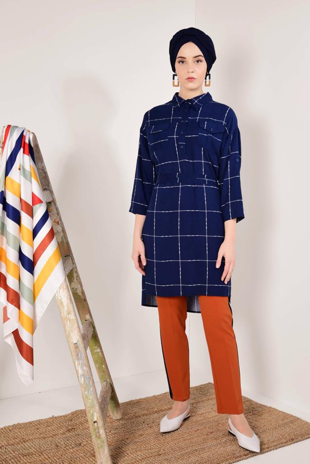 Vêtements hijab  Checked Tie Waist Tunic T 91991  - TRENDTESETTÜR