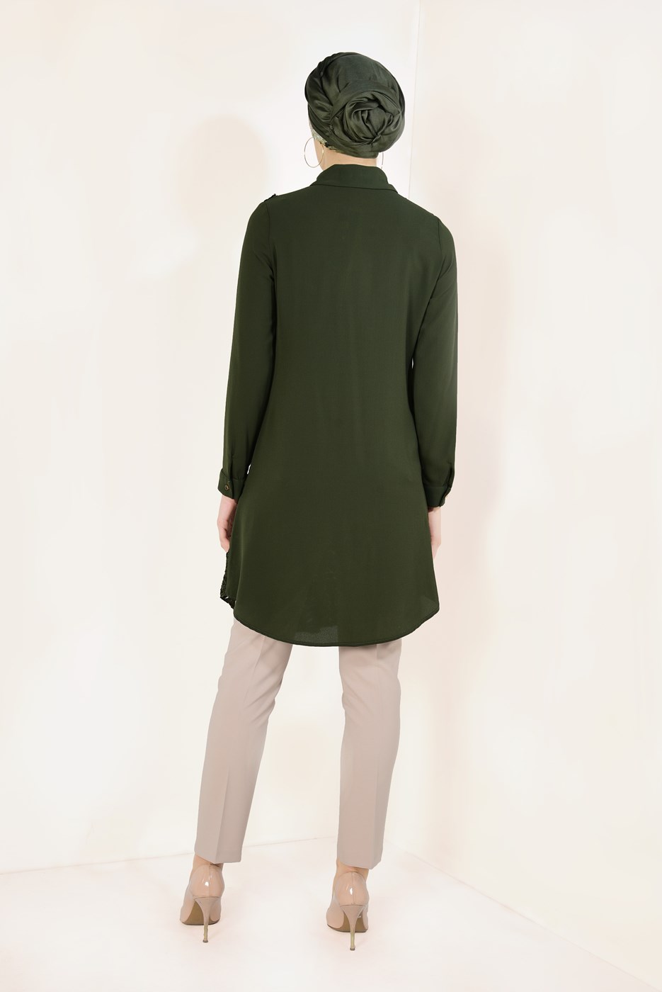 Tesettür giyim HAKİ LAZER KESİM İNCİLİ TUNİK T 97281